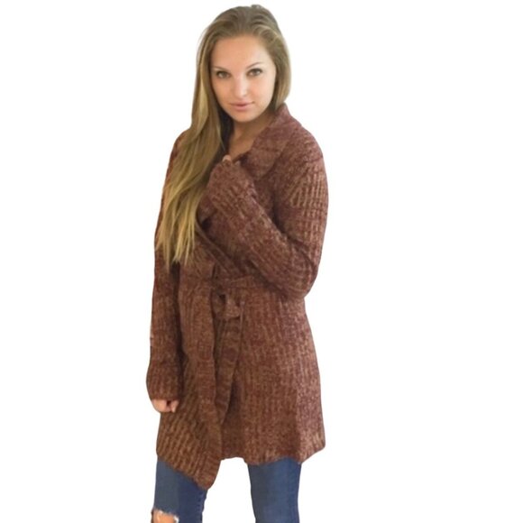 NWT Boutique Detachable Faux Fur Trim Waist Long Rust Cardigan - Picture 3 of 8